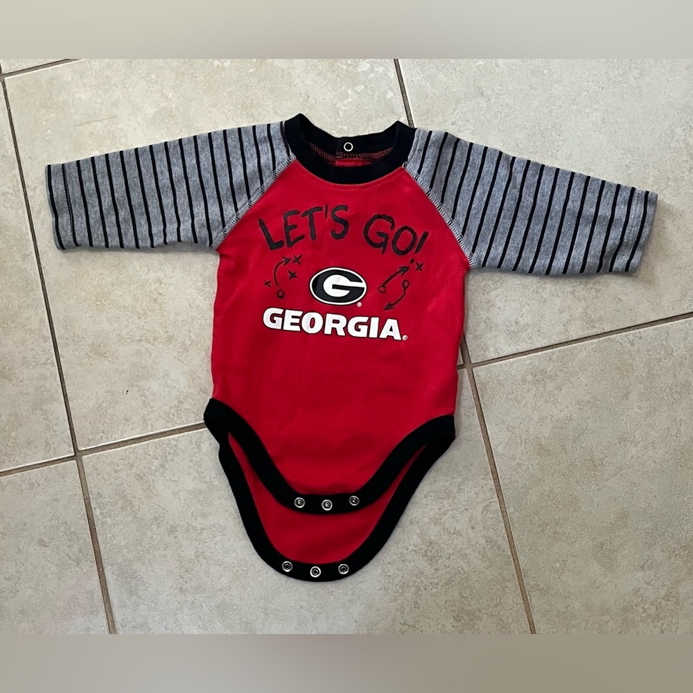 Red Georgia Baby Onesie with Striped Sleeves